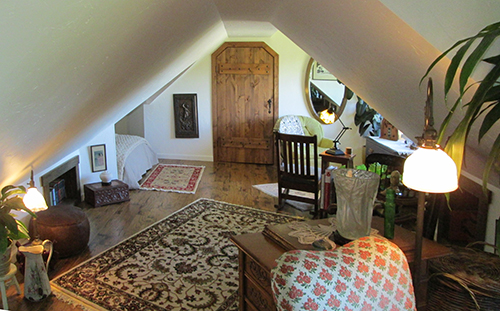 A guest suite in a converted attic in a Craftsman residence in the town of Martinez, CA which feels like a 200 year old Swiss Chalet inside.
